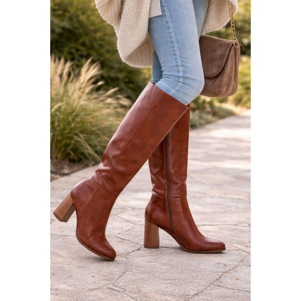 Cognac Knee-High Heeled Boots • Chunky Heel • Women’s Fashion Boots 7.5